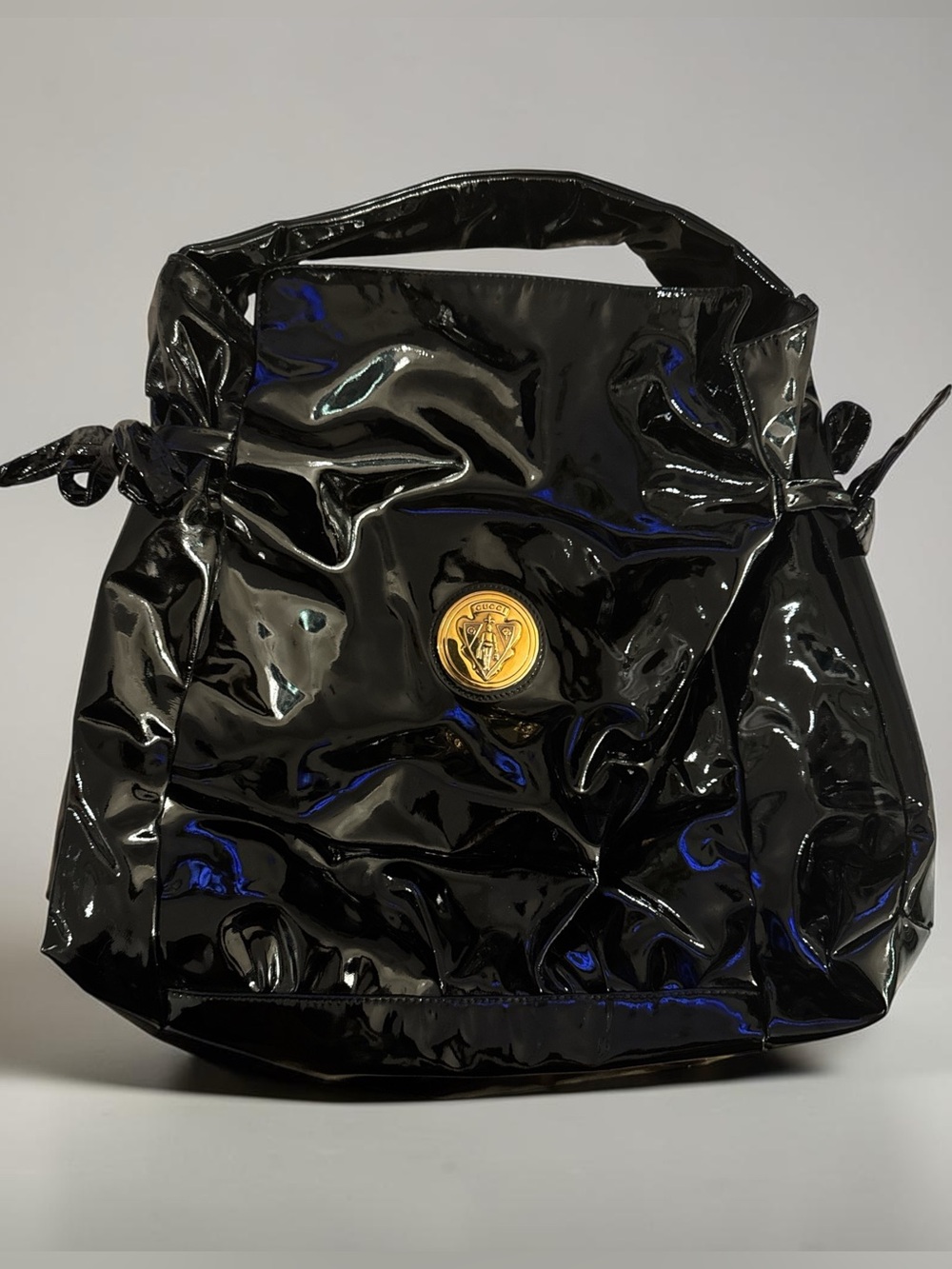Authentic Gucci Black Patent Leather Crest Tote Shoulder Bag Gold Hardware